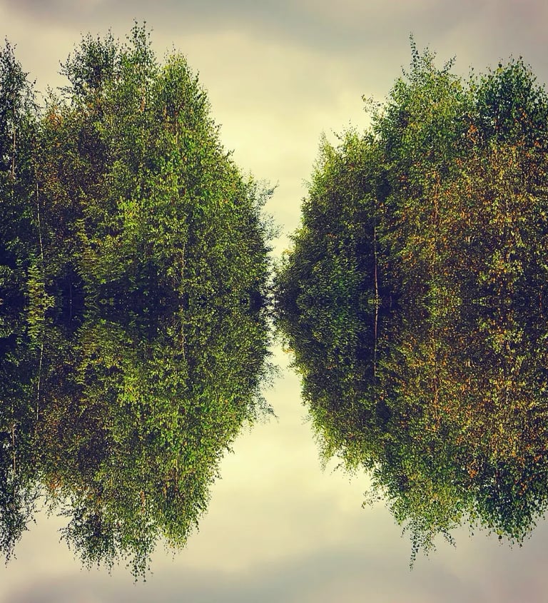 A serene forest with tall trees mirrored in calm water