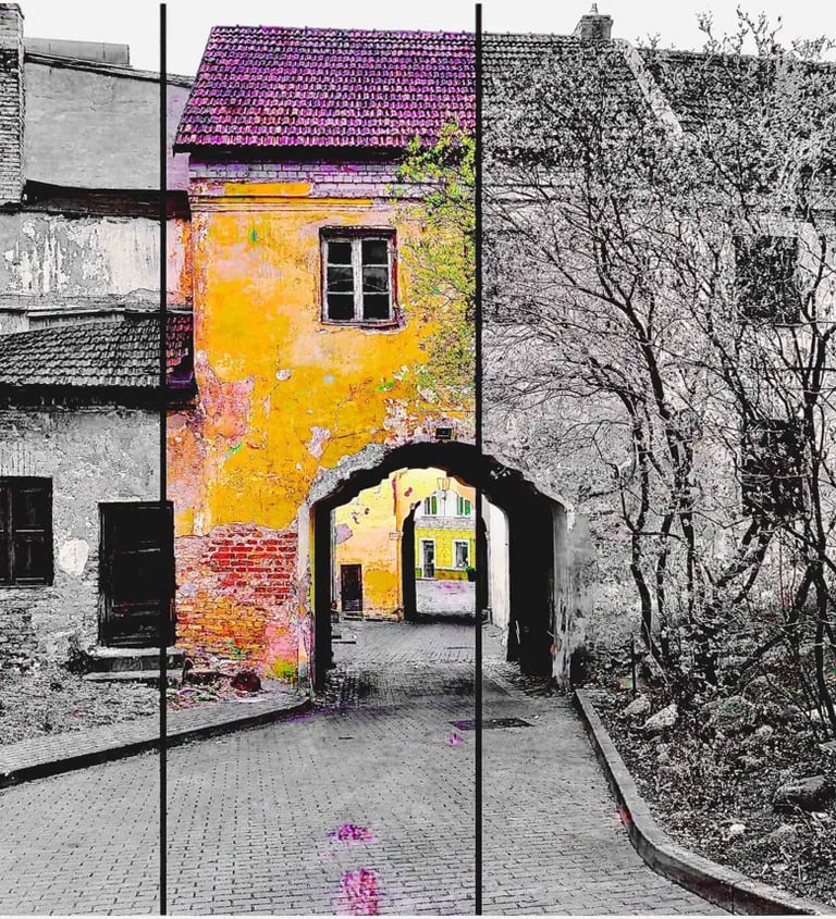 A vibrant painting of a yellow and pink building with a gate