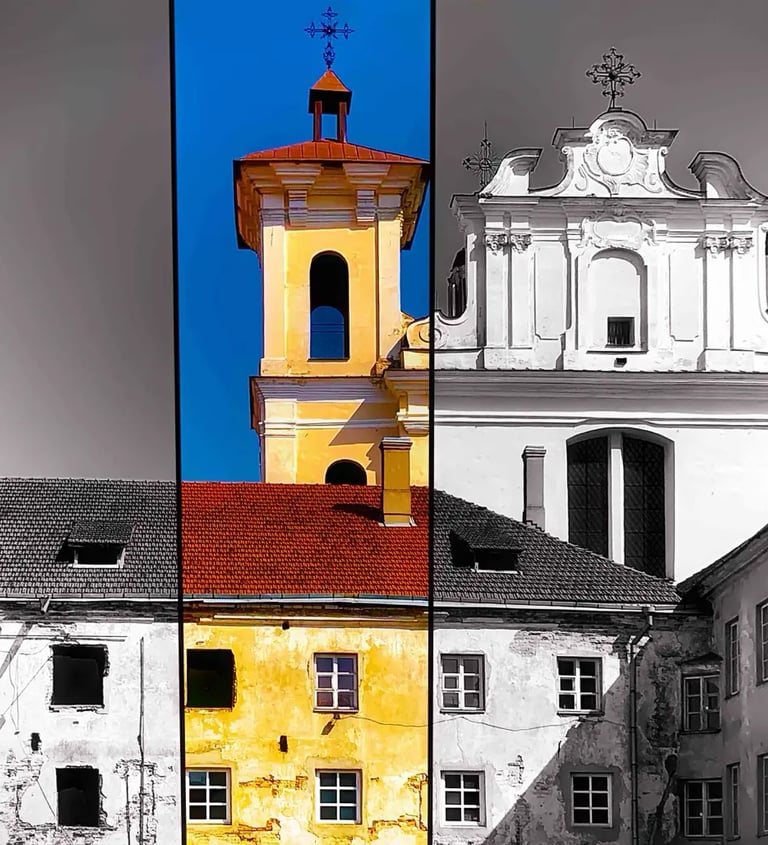 Two buildings in different colors: one blue, one yellow
