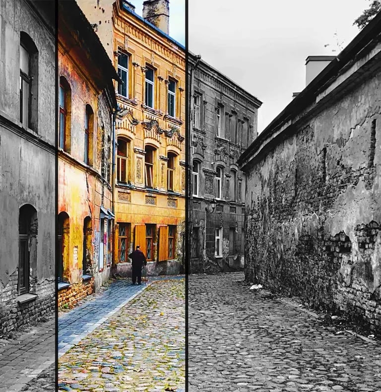 Captivating snapshots of Vilnius old town, featuring two distinct views of an ancient city stree