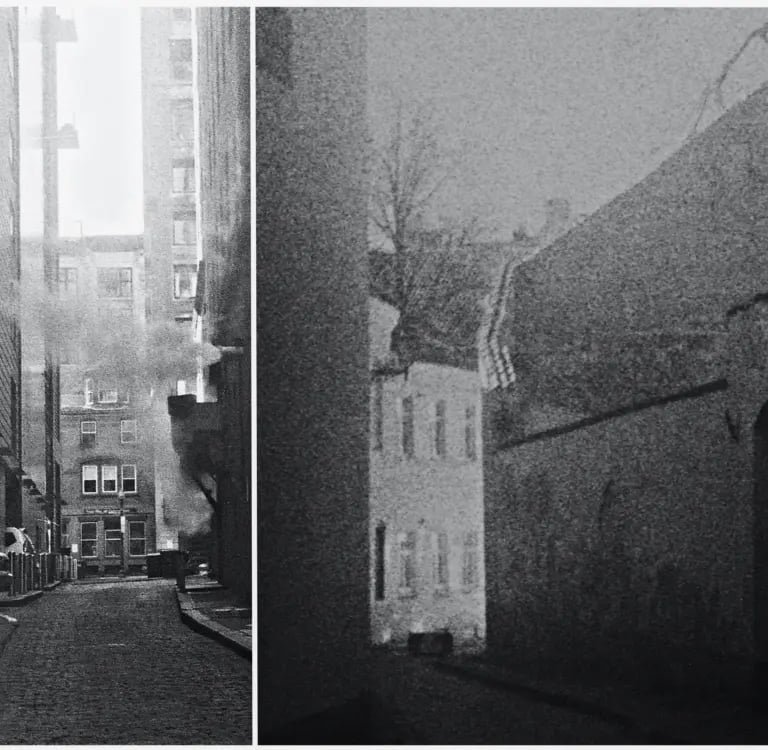 Smoke filled alleyways captured in a Boston andVilnius photo collage