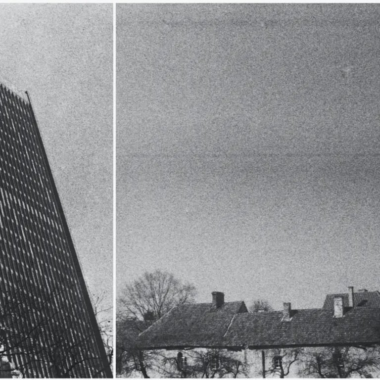 A monochrome Boston andVilnius photo collage showcasing two images of a buildings