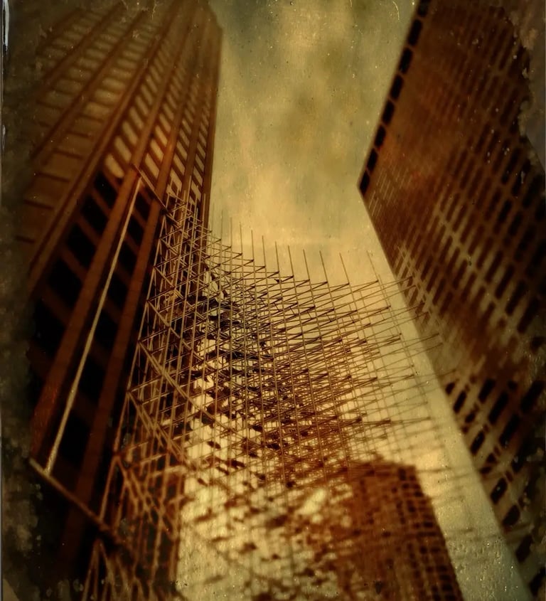 A building with scaffolding, showcasing a vintage look due to the tintype filter