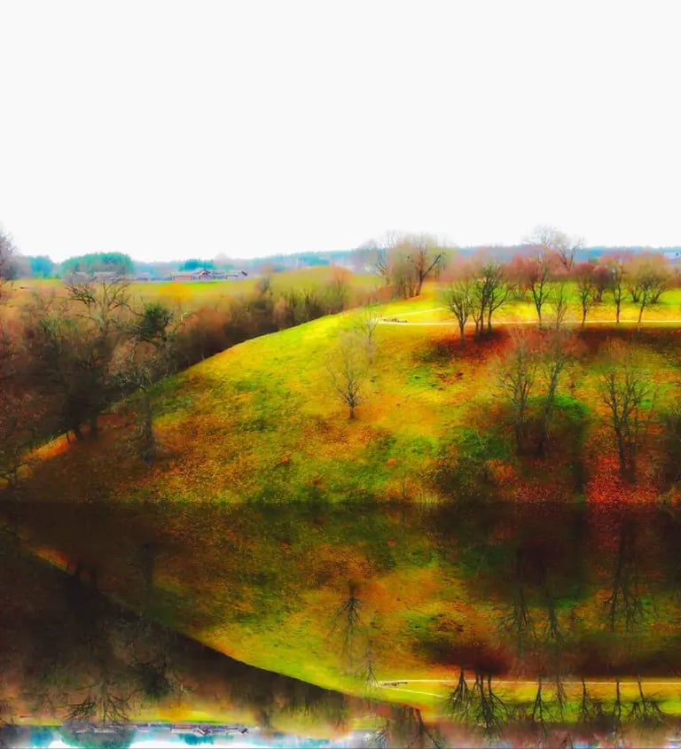 Drone photo of trees mirrored in a serene lake