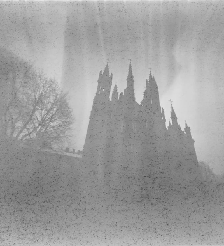 Misty church in monochrome, captured with pinhole