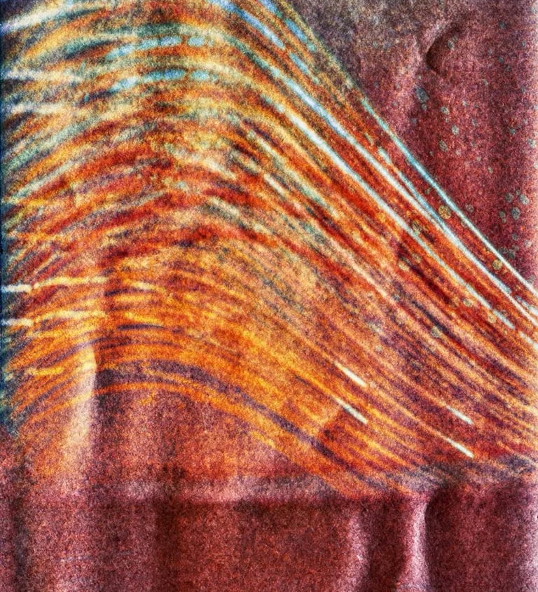 Red background with wave painting, depicting sun path over six months.