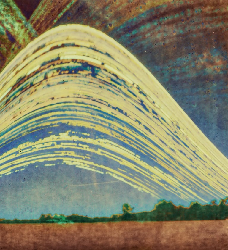 A vibrant painting of a six-month sun trail effect on photo paper.