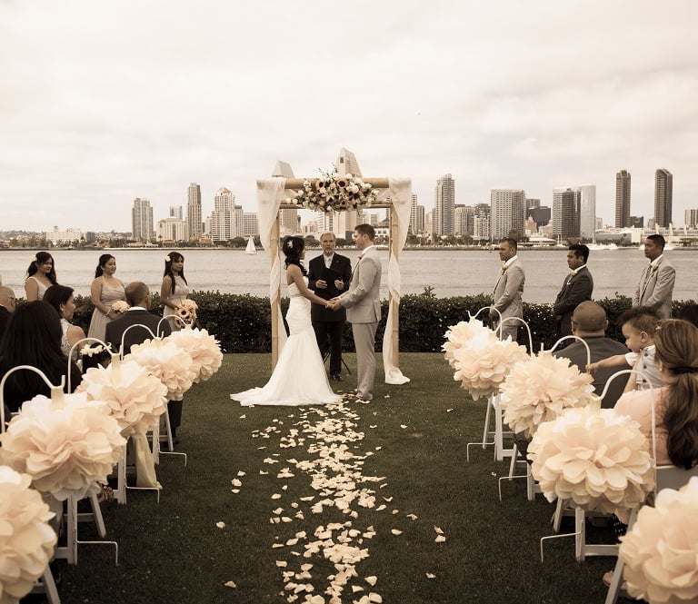 Sepia toned image of Wedding ceremony at Centennial Park, Coronado