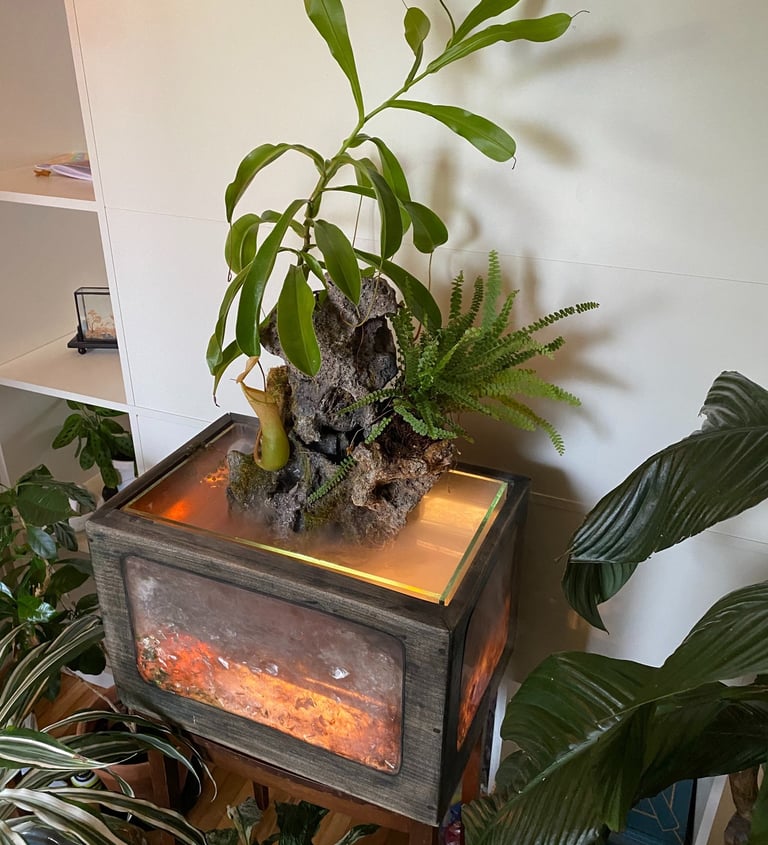 a mini waterfall in a unusual water planter