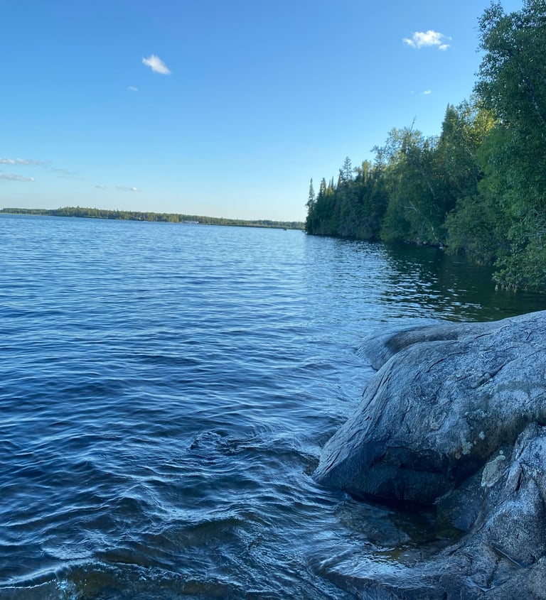 A calm lake with rocky shoreline and lush green trees under a clear sky.