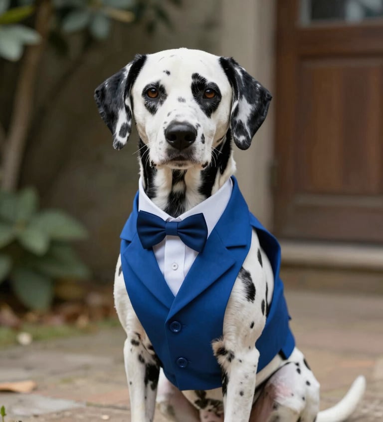 Un perro dálmata de etiqueta, con chaleco azul y pajarita a juego