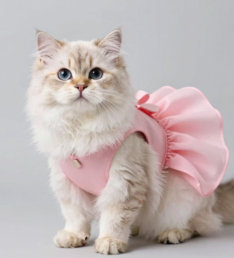 Lindo gato blanco de pelo largo y ojos azules que lleva un elegante vestido rosa 