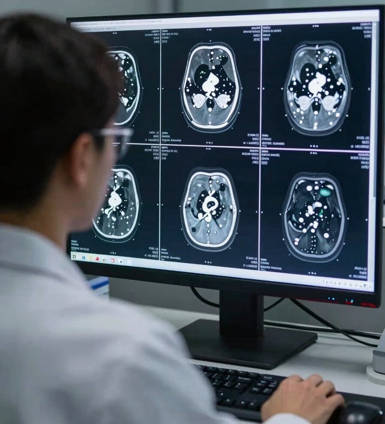Over-the-shoulder view of a radiologist analyzing high-resolution diagnostic monitors displaying crisp CT and MRI slices in a low ambient light reading room, high contrast from glowing screens.