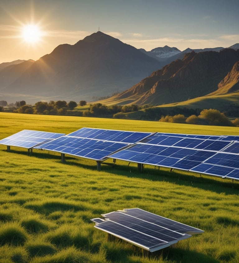 A solar panel is placed on the ground amidst lush green plants and trees. The sunlight gently reflects off its surface, highlighting the clean, angular lines of the solar cells.