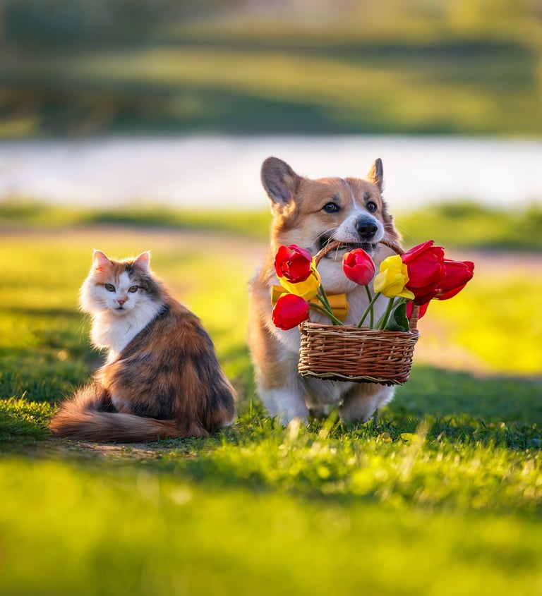 Cute Corgi Dog holding a basket of tulips