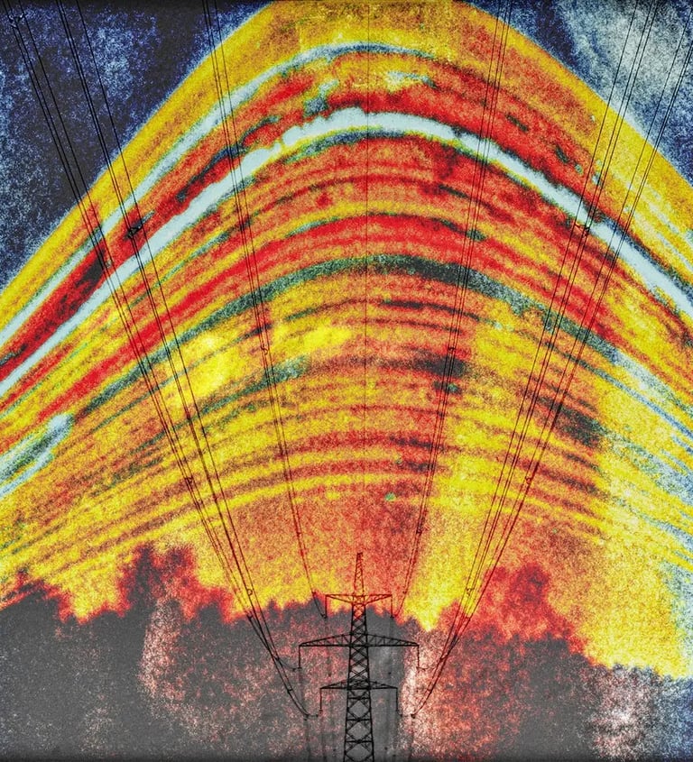 A power line is silhouetted against a vivid sun trails, creating a striking contrast in the landscape