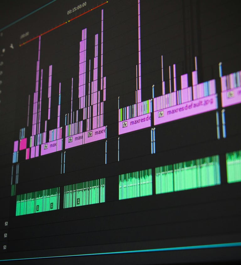 A video editing timeline on video editing software, it incldues many audio and video cuts