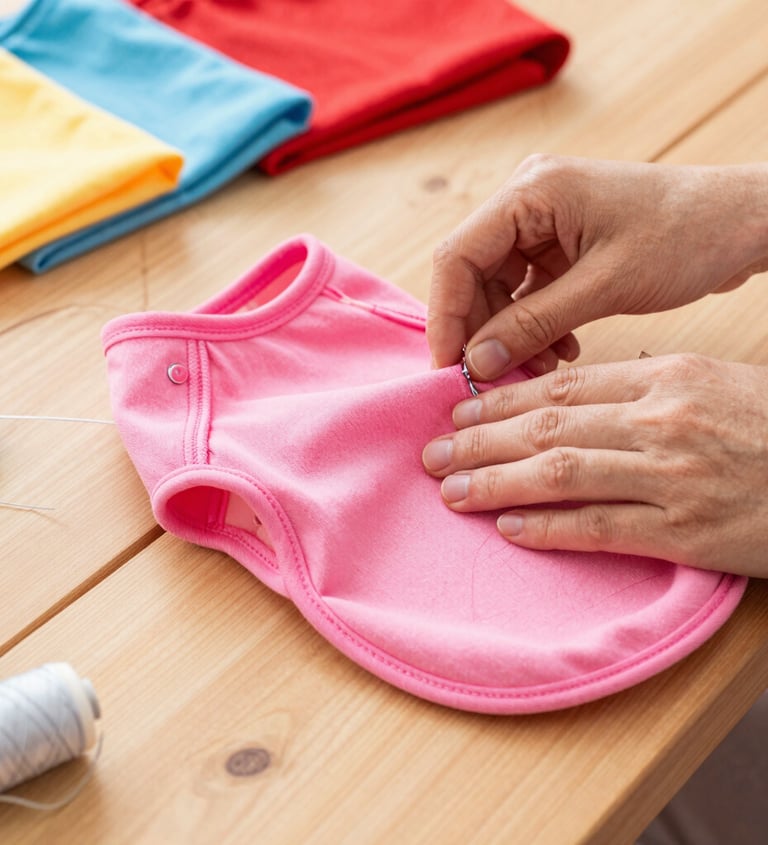 Manos cosiendo un chaleco rosa de algodón para perro sobre una mesa de madera con telas.