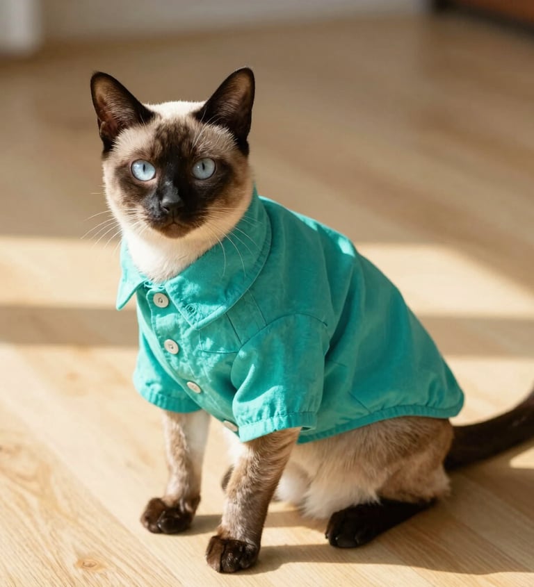 Un gato siamés de ojos azules con una camisa turquesa de botones, sentado en el suelo de madera.