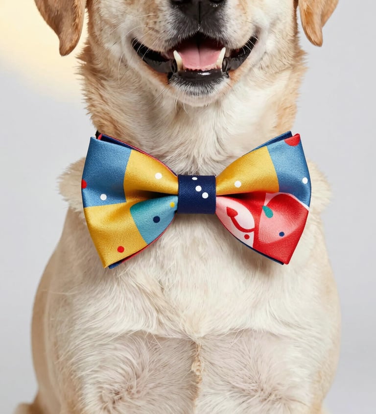 Un perro labrador amarillo sonriente con un moño de colores y estampado, como accesorio elegante.