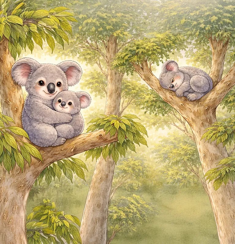 Kinderbuch Alva und Nilo auf Weltreise: Zeigt Koalas welche in Eukalyptusbäumen sitzen..