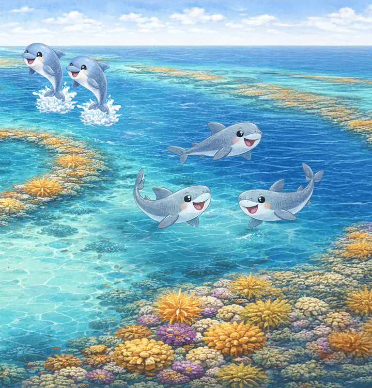 Kinderbuch Alva und Nilo auf Weltreise: Zeigt ein Reef mit Delfinen und Haien.