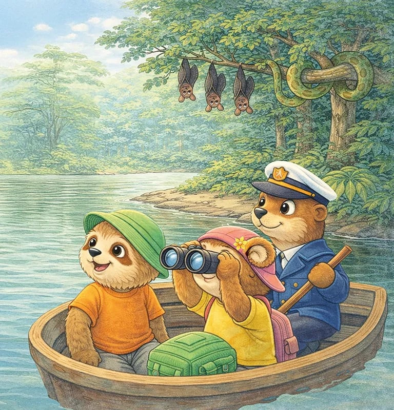 Kinderbuch Alva und Nilo: Zeigt Alva, Nilo und Herrn Flussfahrer auf einem Boot im Fluss.