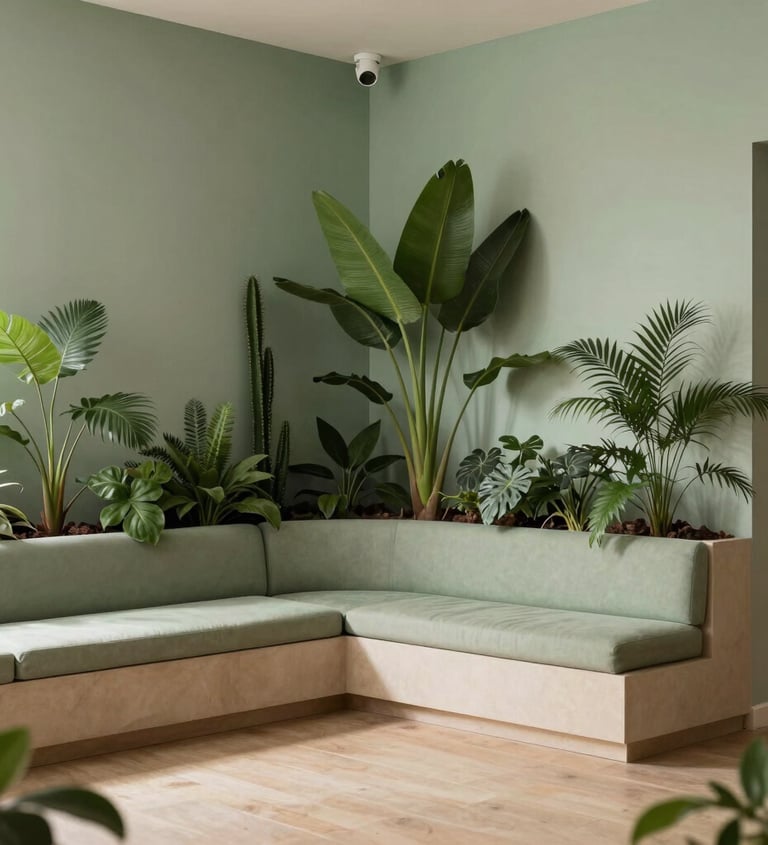 Peaceful corner of a consciousness expansion studio in Porto, Portugal / Western European, featuring a comfortable seating area, botanical greenery, natural light, and elegant minimal decor in soft sage green and warm sand tones.