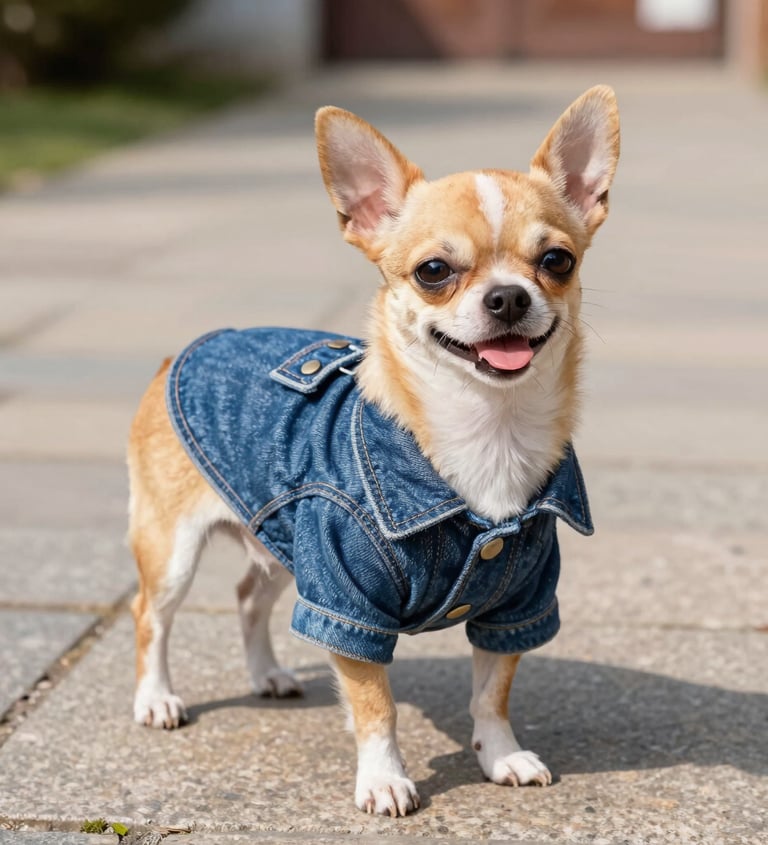 foto de un perrito chihuahua con una chamarra de mezclilla