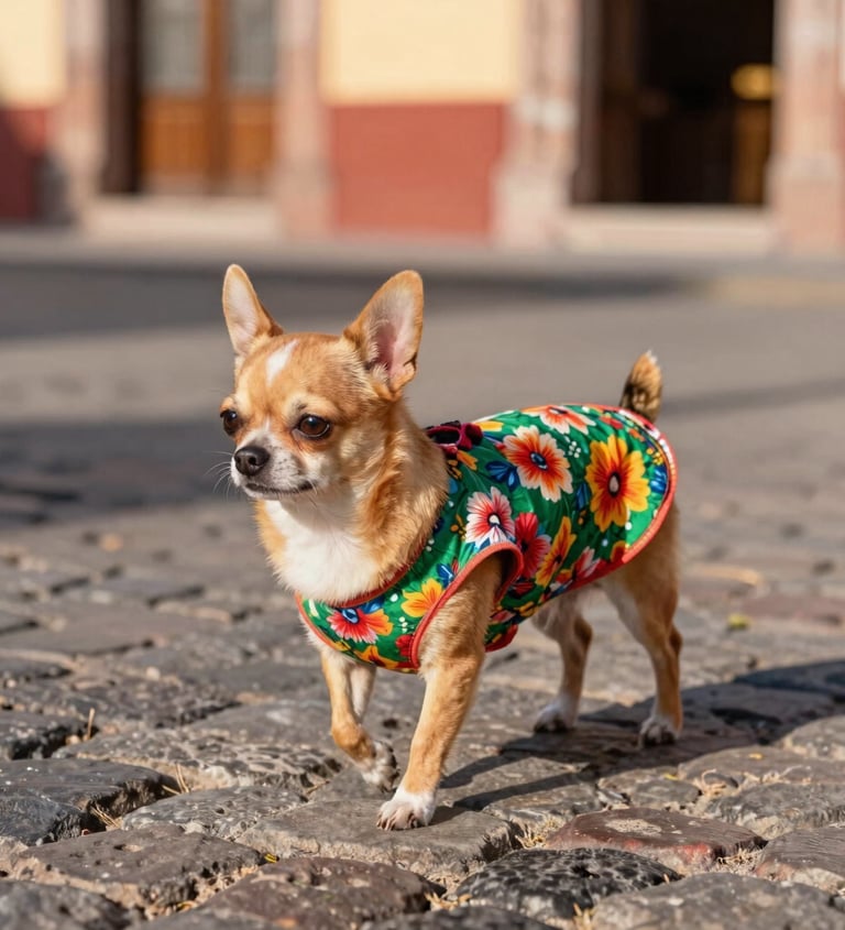perrito chihuahua con pechera de estampado de flores