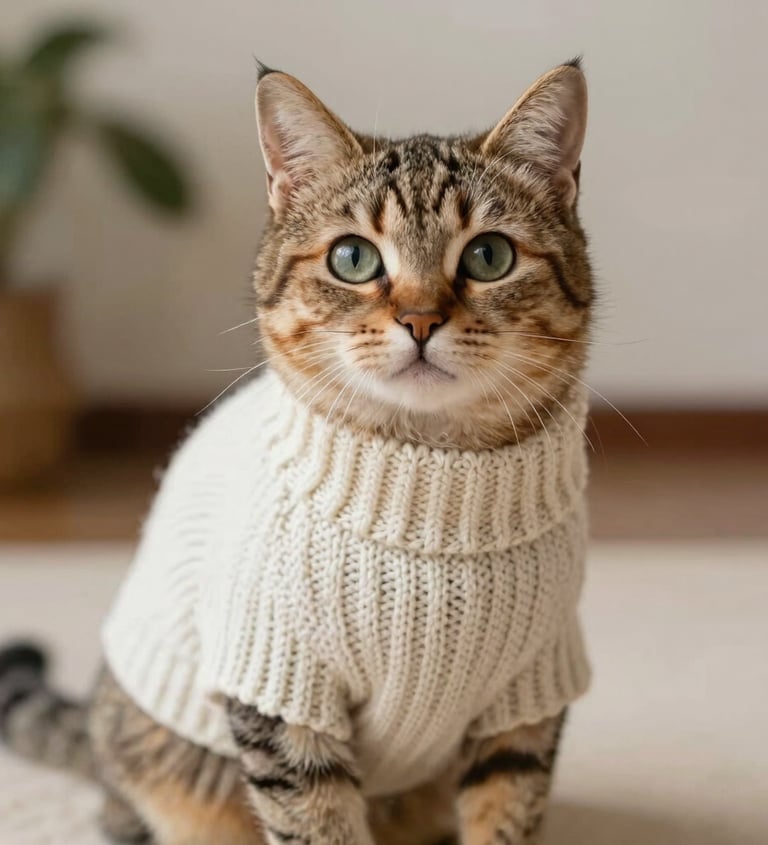  76 Un lindo gato atigrado con un suéter de punto trenzado color crema, sentado en el interior.