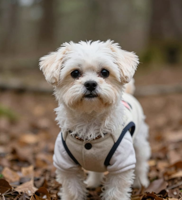 perro pequeño en el bosque con chaleco cafe