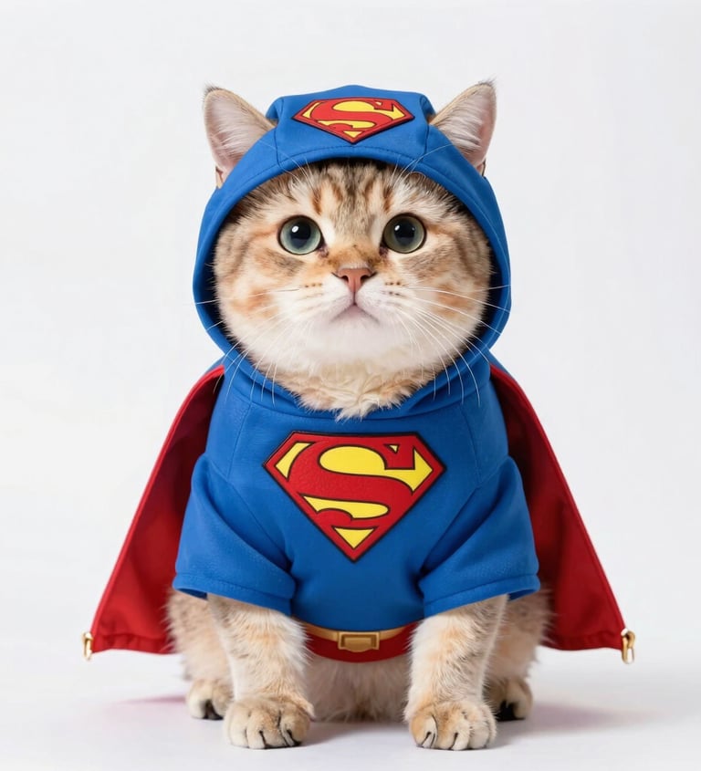 gatito color miel con disfraz de superman
