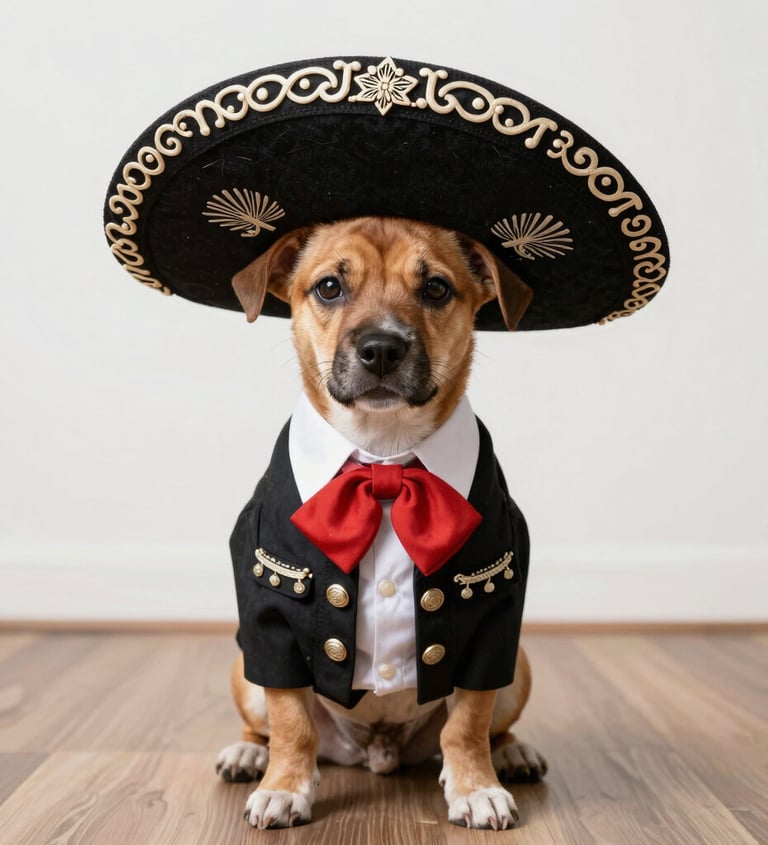 perro  color café disfrazado de mariachi mexicano