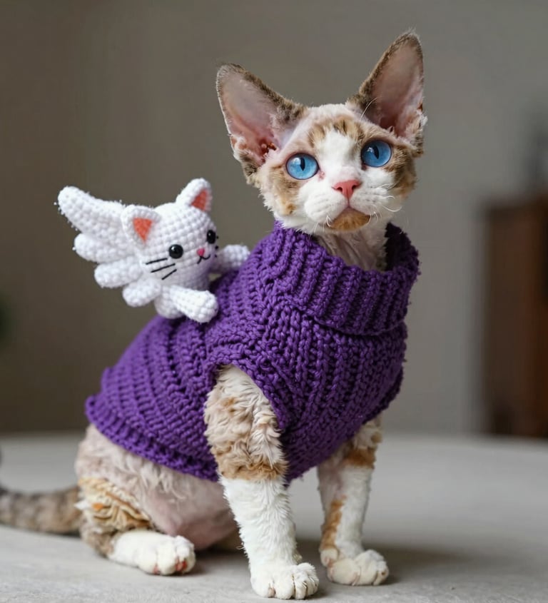 Un gato Devon Rex de ojos azules con un suéter de punto morado y un pequeño accesorio de alas 