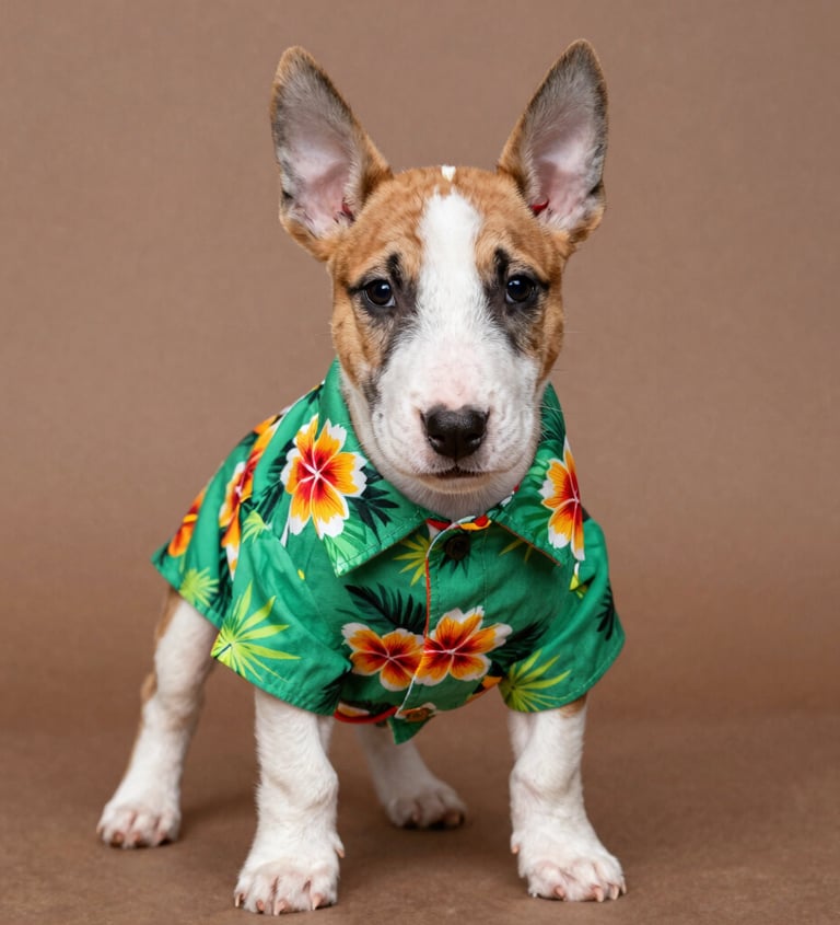 Adorable cachorro de Bull Terrier con una camisa hawaiana verde con estampado floral sobre un fondo 