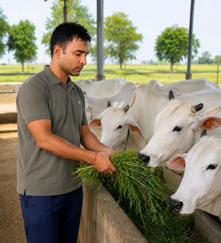 A farmer feeding fresh green fodder to white cows at a dairy farm.