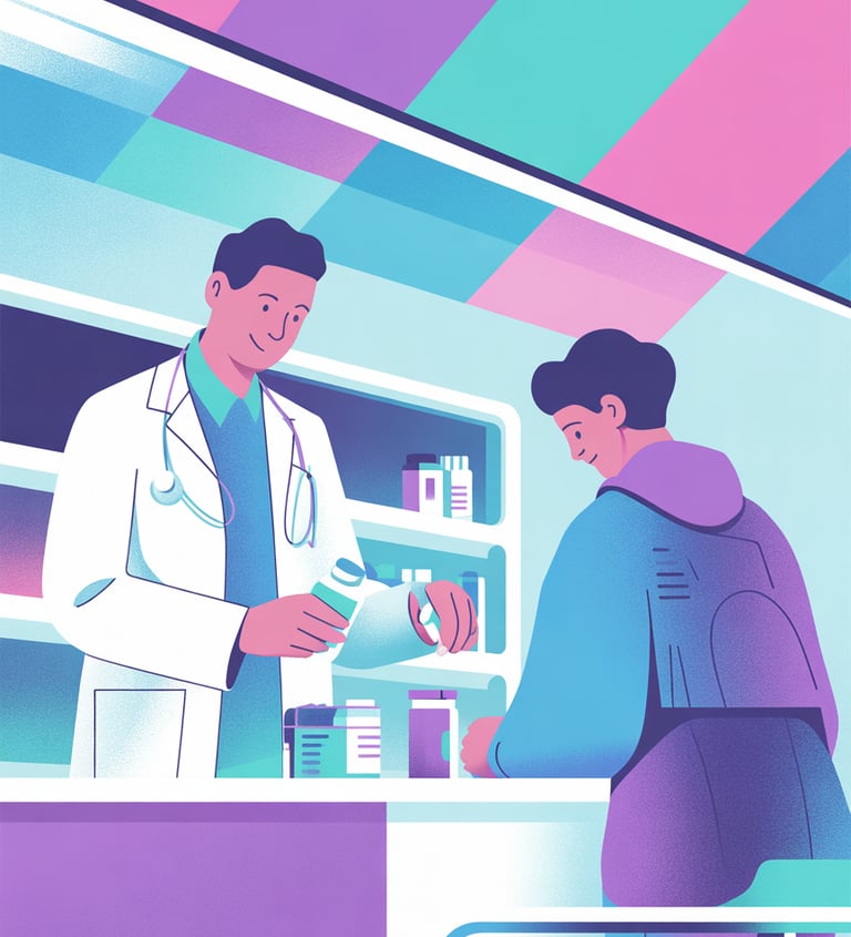 A doctor consulting with a patient and dispenisng medications