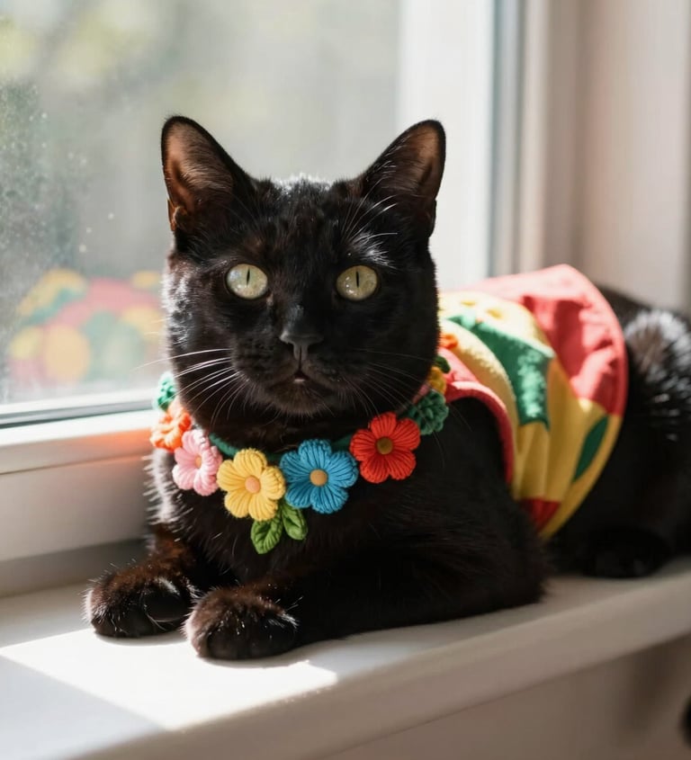 gato negro con blusa de colores llamativosy collar de flores
