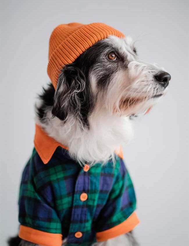 Perro de raza Border Collie de perfil vistiendo camisa de cuadros verde y azul con botones y un gorro tejido naranja ocre.