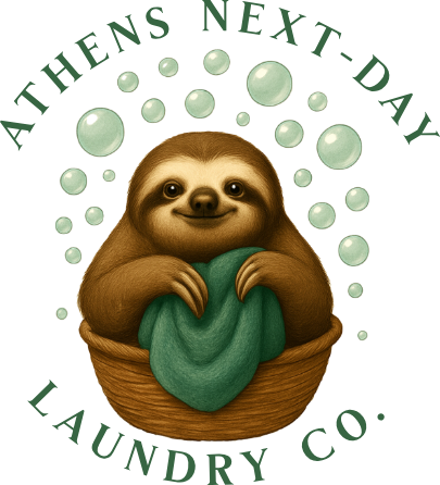 Athens Next-Day Laundry Co logo featuring a sloth holding laundry in a basket with bubbles, represen