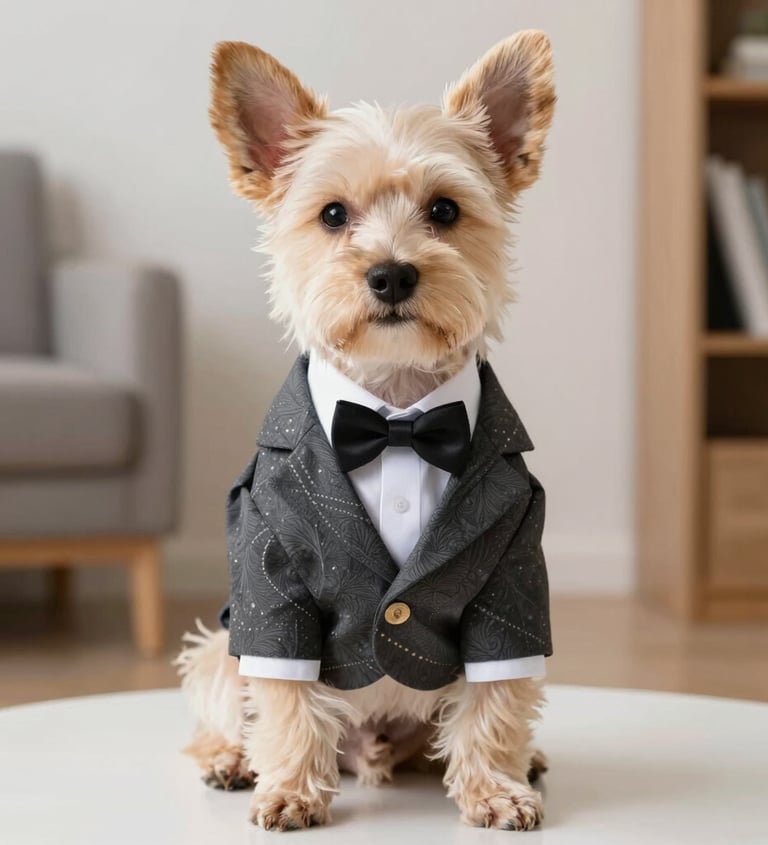 Un pequeño cachorro de Yorkshire Terrier, vestido con una chaqueta de traje gris formal