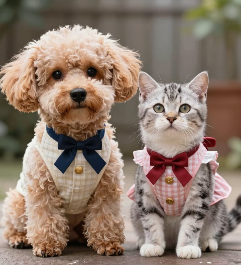 Adorable caniche toy marrón y gatito atigrado con elegantes prendas para mascotas y pajaritas al air