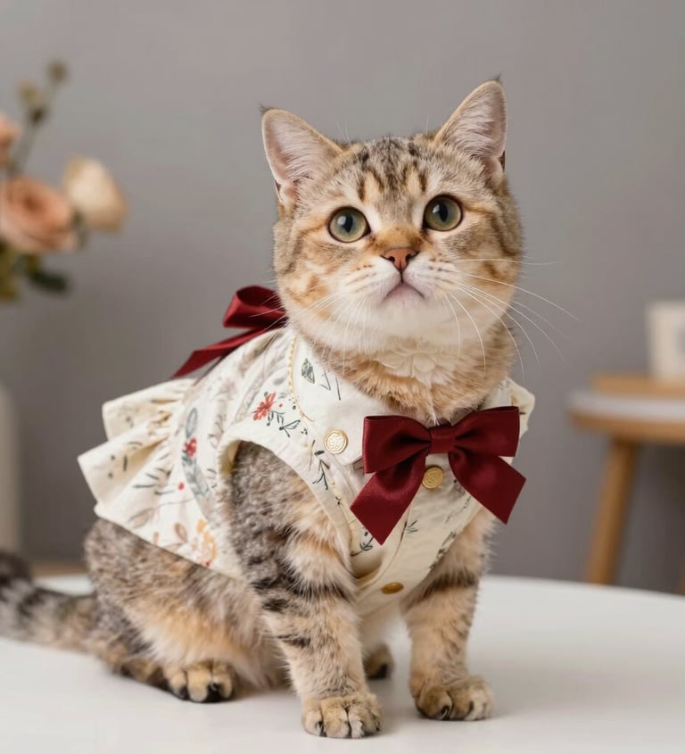 Un adorable gatito atigrado con un vestido estampado floral y una pajarita roja para lucir un estilo