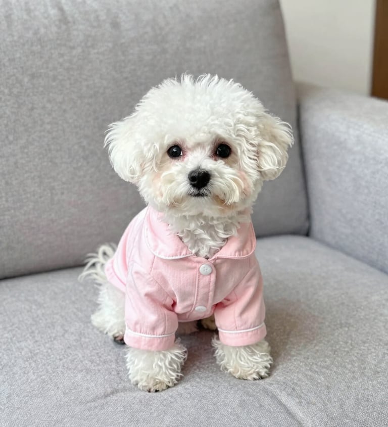 Perrito blanco con pijama rosa