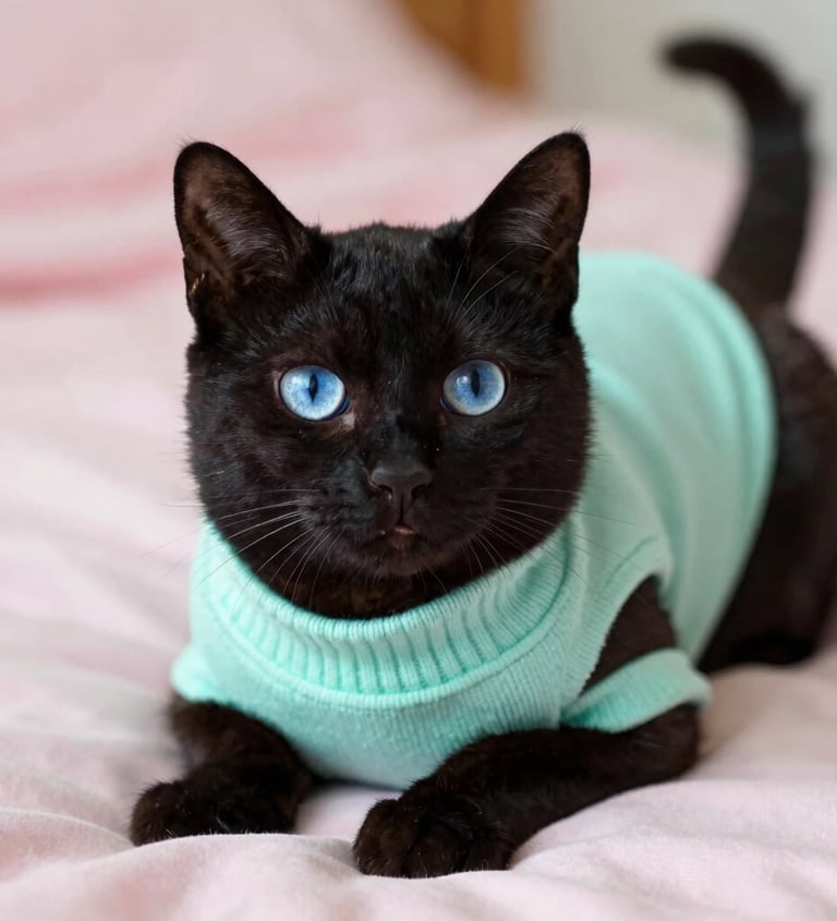Gato negro con suéter verde