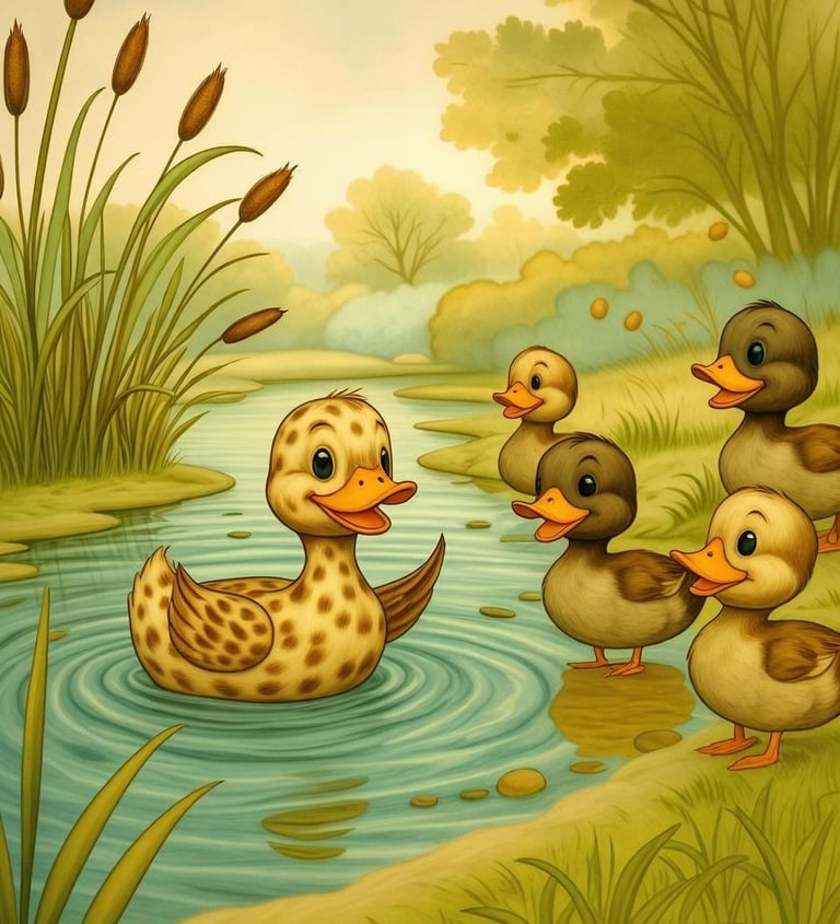 A cute cartoon illustration of an talking duckling and ducklings by a pond with cattails.