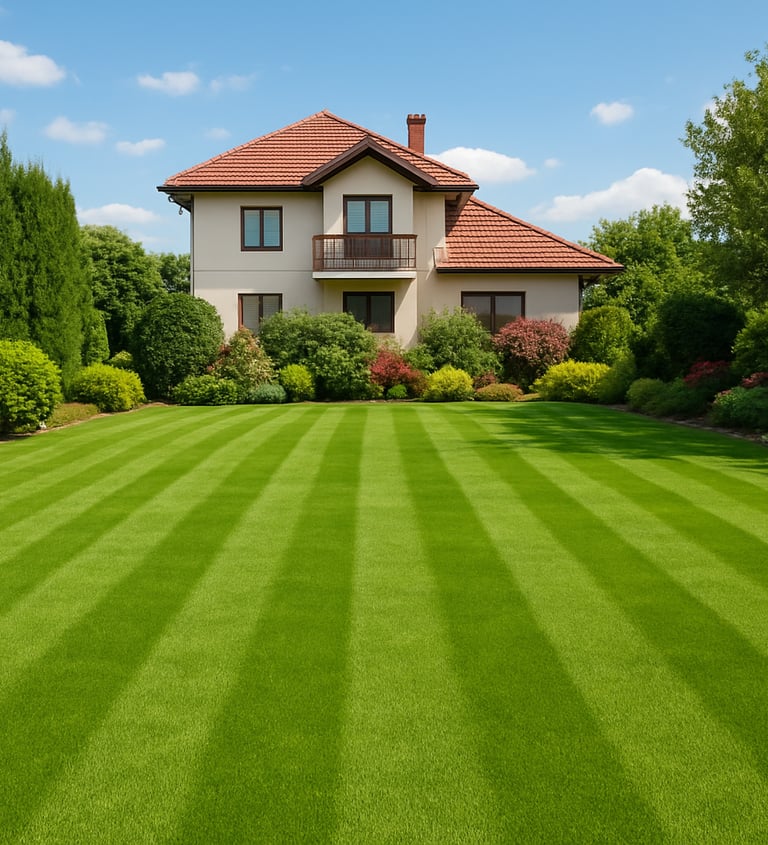 Семейна къща с перфектно окосена морава, тревата изглежда гладка и подредена на следобедната светлин