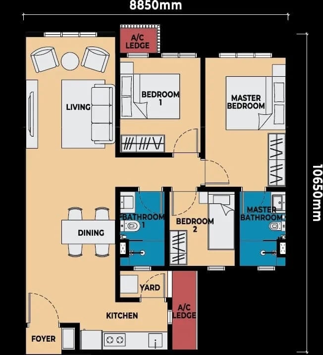 3 bedroom 850 sqft bigger living room no balcony walking distance to RTS Bukit Chagar RM1.1M