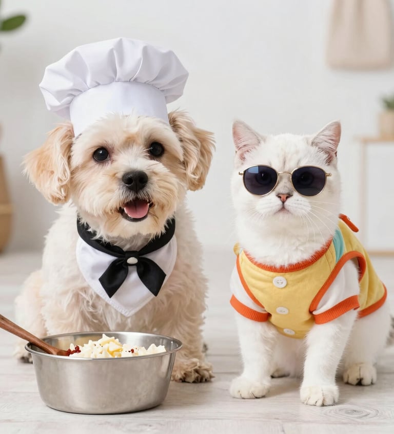 perriro y gatito blanco coquetos con ropa colorida y lentes oscuros